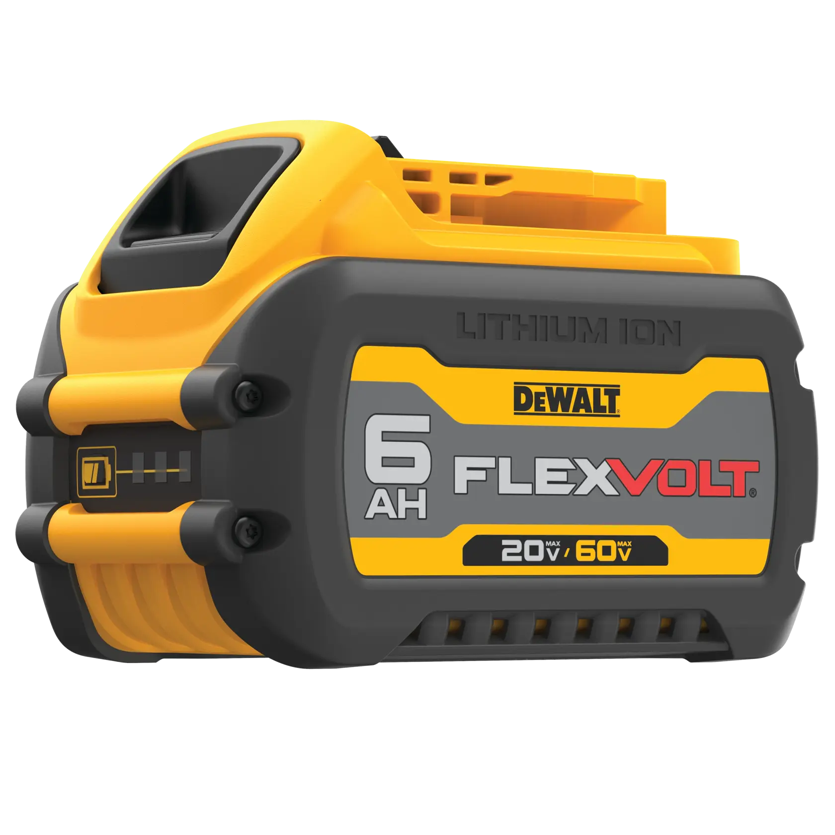 Batería de ion de litio DEWALT DCB606 FLEXVOLT 20V/60V con capacidad de 6 amperios-hora, mostrada en primer plano sobre un fondo blanco.