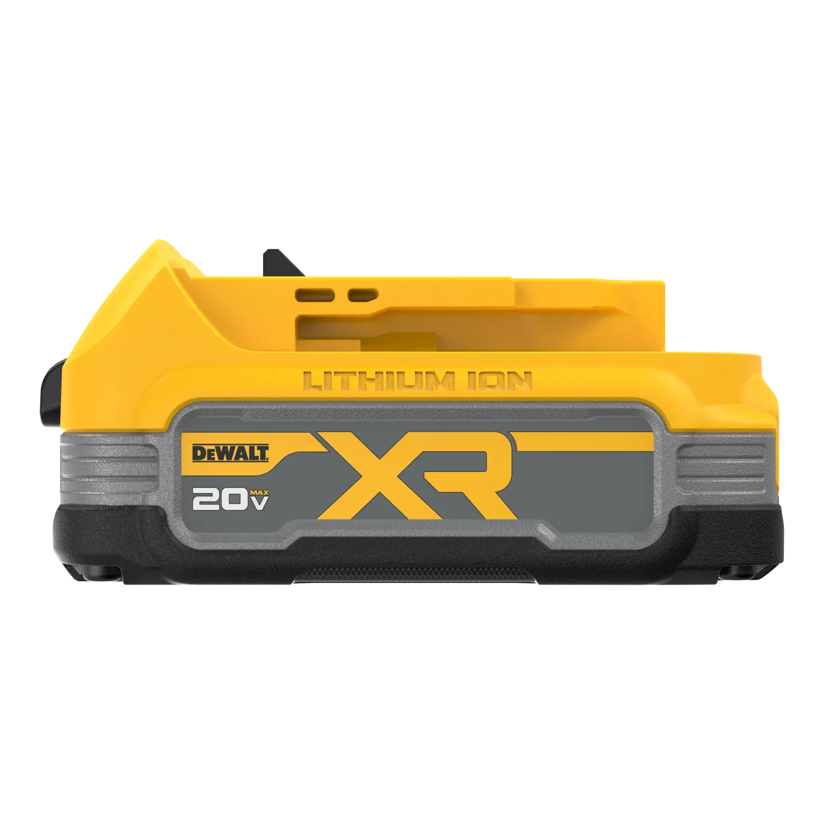 Uma bateria de íon de lítio DEWALT 20V MAX XR, modelo DCBP034, mostrada em close com carcaça amarela e preta e o logotipo XR na lateral.