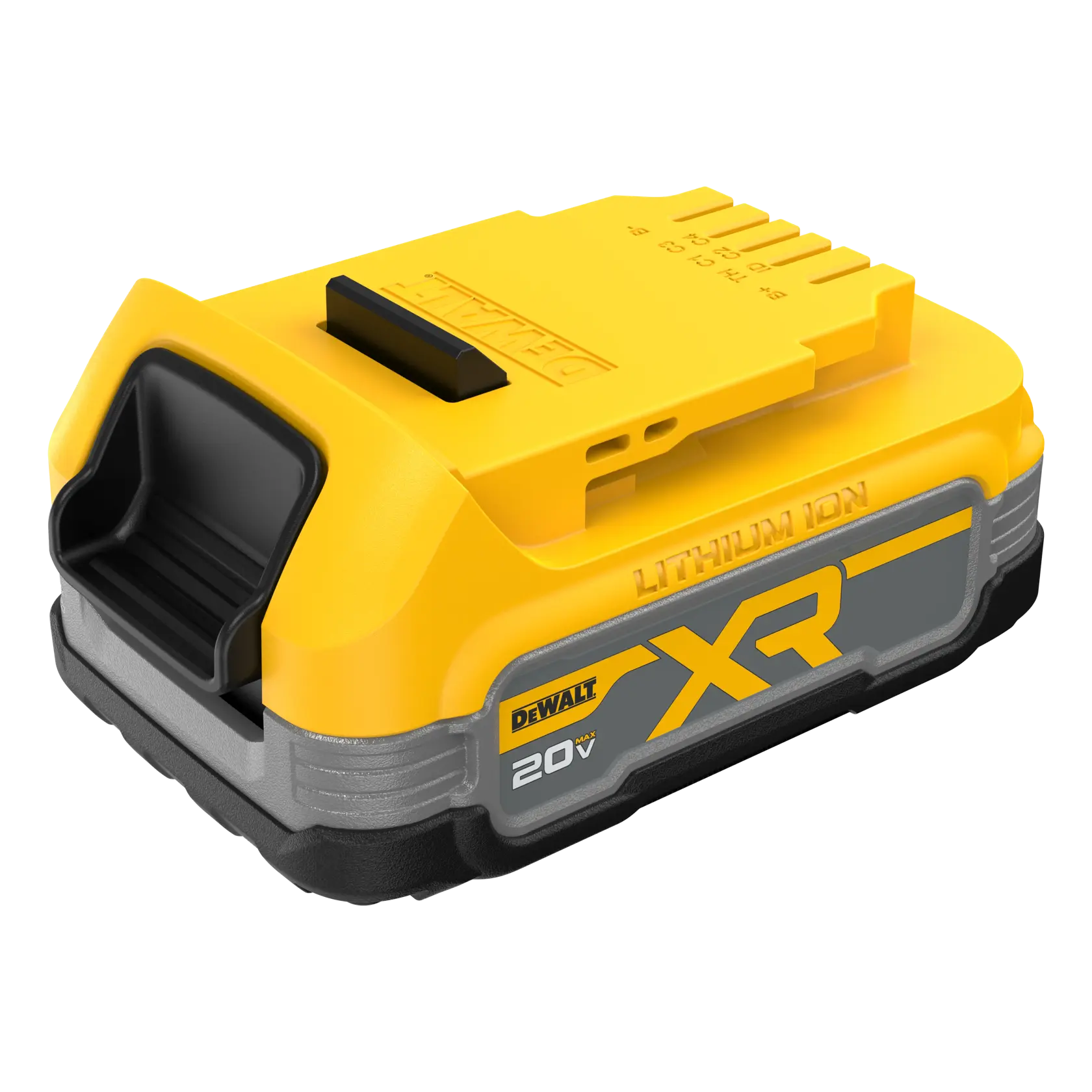 Uma bateria de íon de lítio DEWALT XR 20V com caixa amarela e preta, projetada para uso com ferramentas elétricas DEWALT.