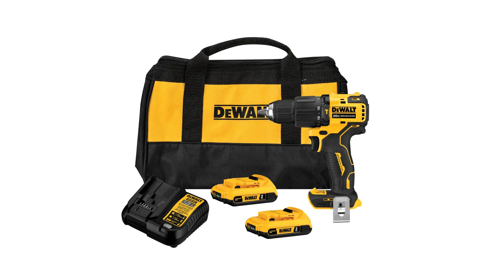 Juego de taladro inalámbrico DEWALT con bolsa de transporte amarilla y negra, dos baterías recargables, un cargador de baterías y la herramienta de taladro.