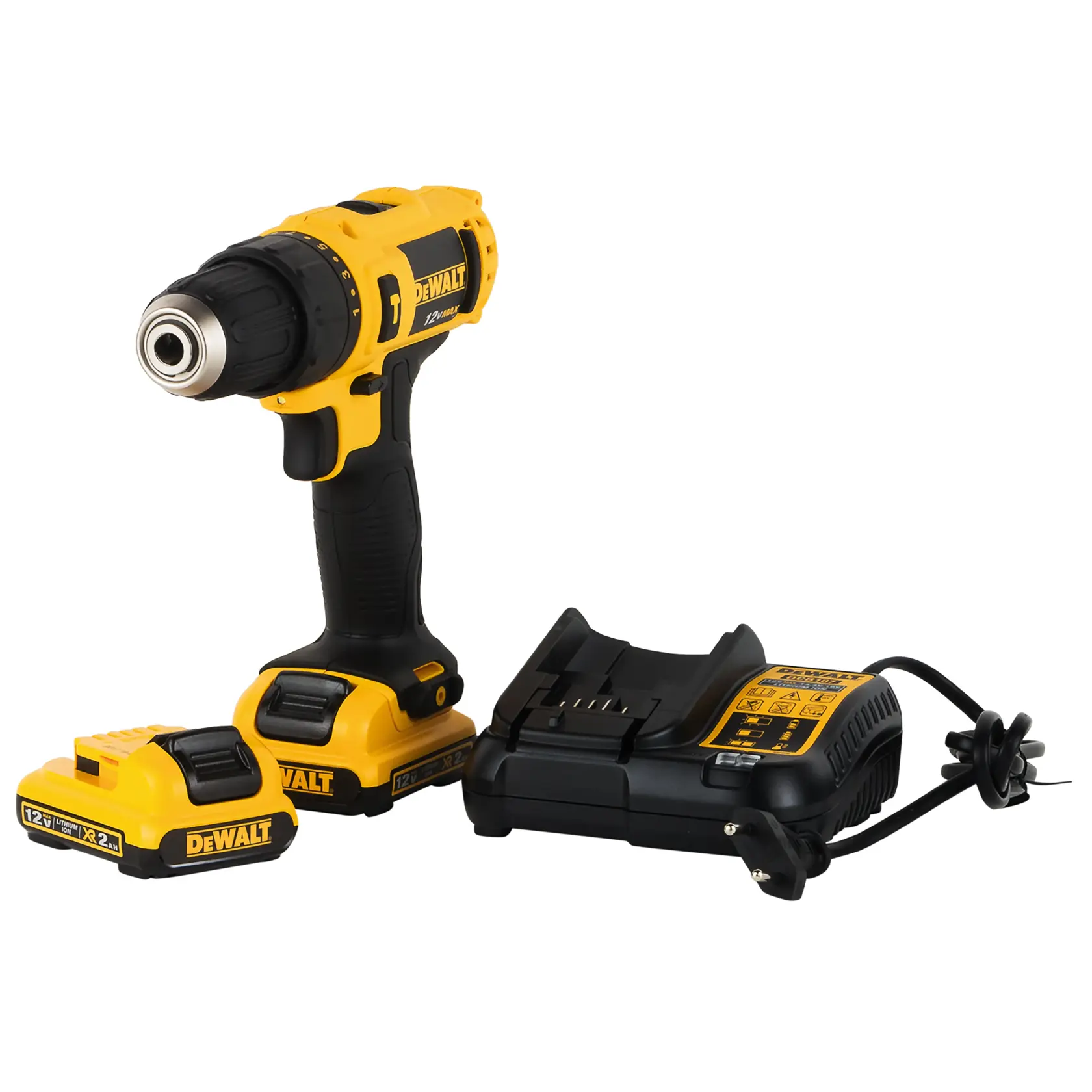 Juego de taladro inalámbrico DEWALT con un taladro amarillo y negro, dos baterías recargables y una estación de carga.