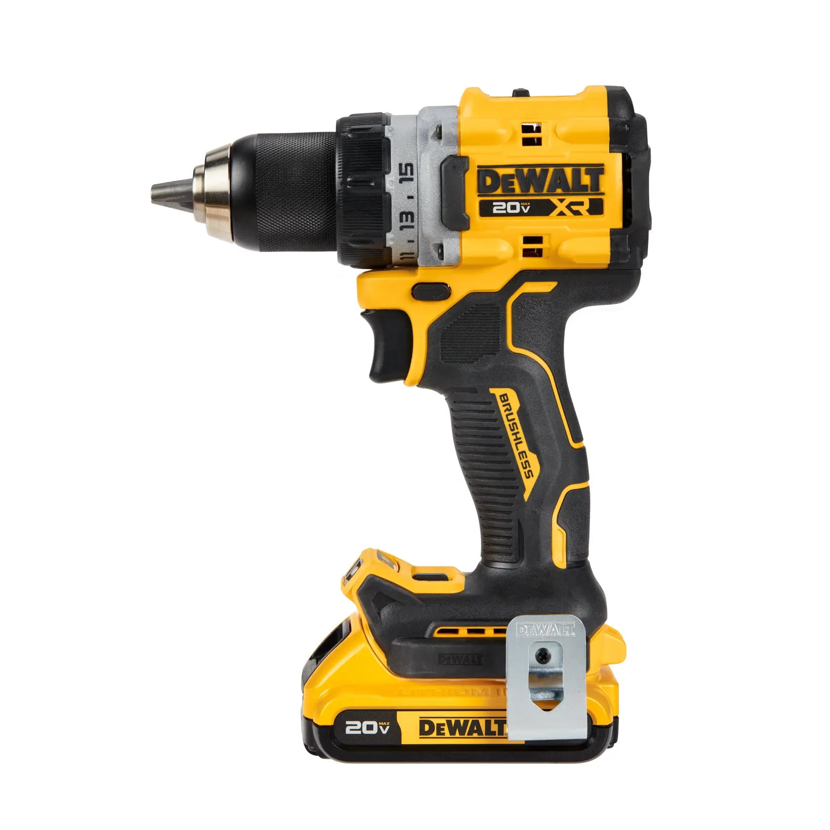 Un taladro inalámbrico DEWALT 20V XR sin escobillas de color amarillo y negro con batería incorporada, mostrado de pie sobre un fondo blanco.