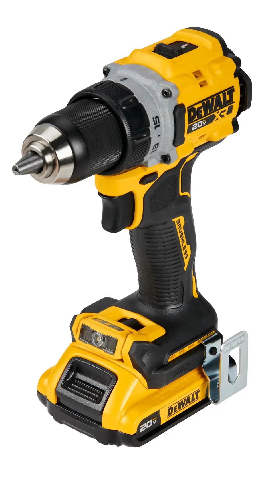 Un taladro inalámbrico DEWALT de 20V con diseño amarillo y negro, con un mango tipo pistola, mandril sin llave y batería recargable acoplada en la base.