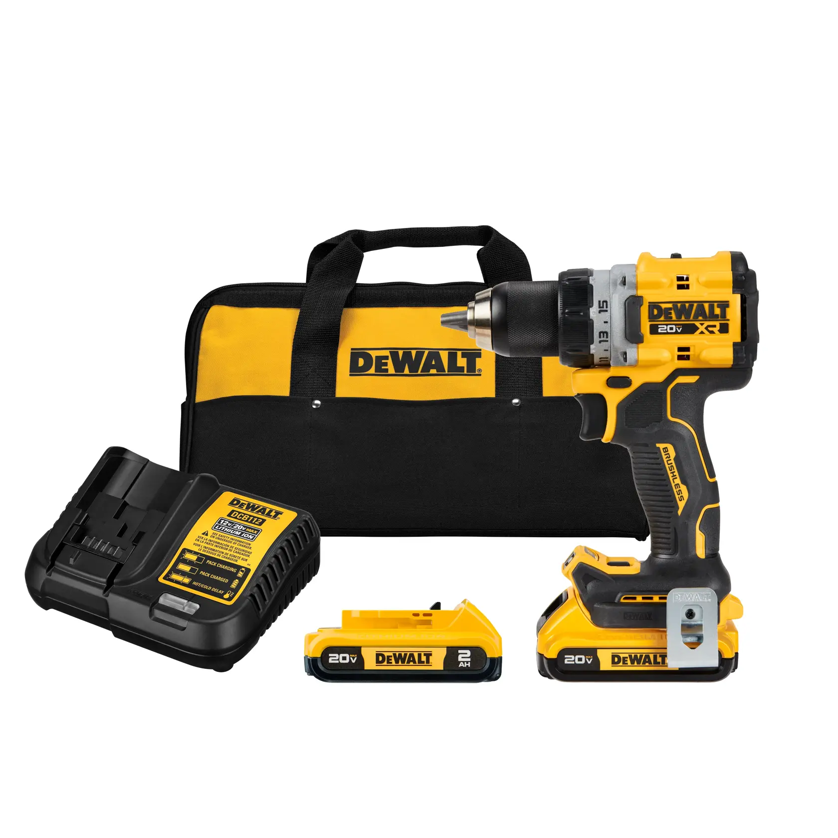 Juego de taladro inalámbrico DEWALT que incluye un taladro amarillo y negro, dos baterías de 20V, un cargador y una bolsa de transporte negra y amarilla con el logo DEWALT.