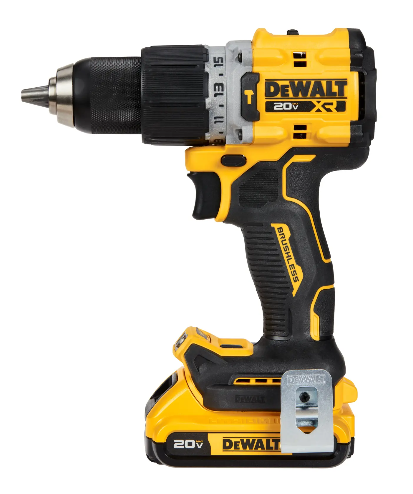Un taladro inalámbrico DEWALT 20V XR sin escobillas, con diseño amarillo y negro, batería de litio y mango ergonómico.