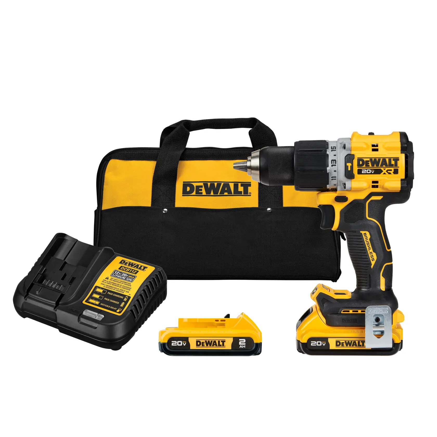 Un set de taladro inalámbrico DEWALT de 20V, que incluye un taladro amarillo y negro, dos baterías, un cargador y una bolsa de transporte con el logo de DEWALT.