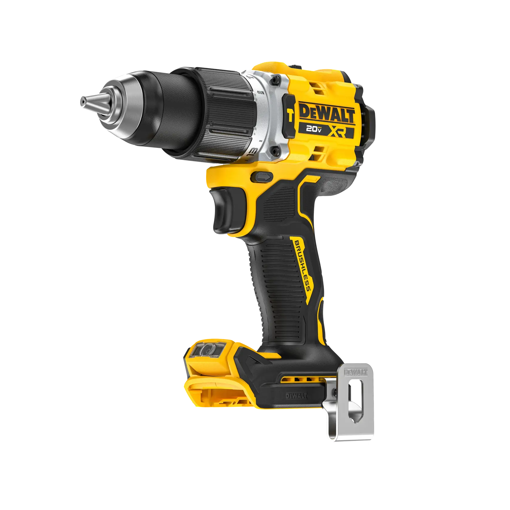Taladro inalámbrico DEWALT, amarillo y negro, 20V XR, brushless, con clip metálico, sobre fondo blanco.