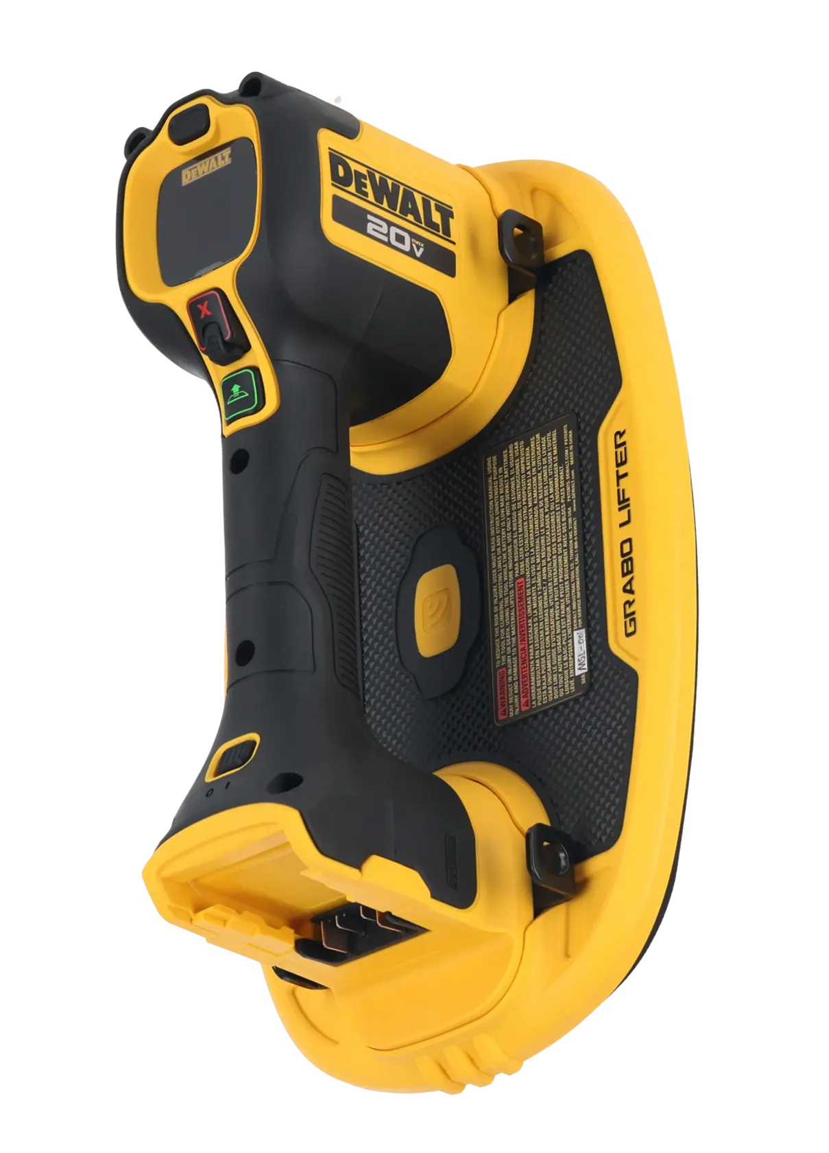 Uma ferramenta elétrica sem fio DEWALT de 20V chamada 'Grabo Lifter'. Possui um cabo ergonômico preto e amarelo com botões de controle e uma almofada de sucção para levantar materiais pesados.
