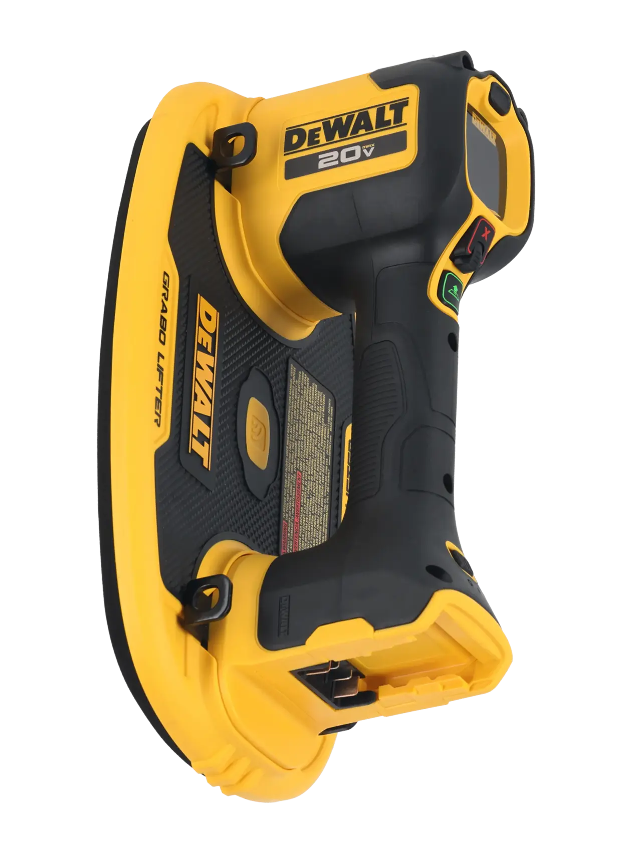 Uma ferramenta sem fio DEWALT 20V Grabo Lifter, utilizada para levantar e manusear materiais pesados com tecnologia de sucção. A ferramenta é preta e amarela, possui a marca DEWALT no cabo e é projetada para uso profissional.