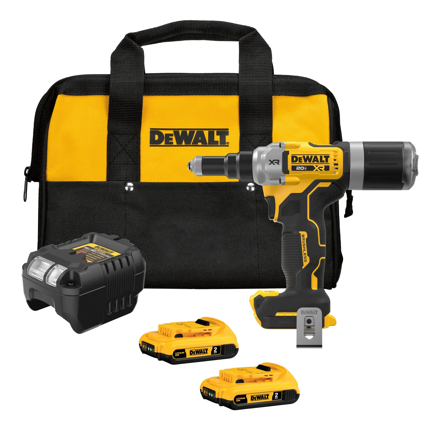 Un kit de herramientas eléctricas inalámbricas DEWALT que incluye una bolsa de herramientas amarilla y negra, un taladro inalámbrico, un cargador y dos baterías recargables, todos con el logotipo DEWALT.