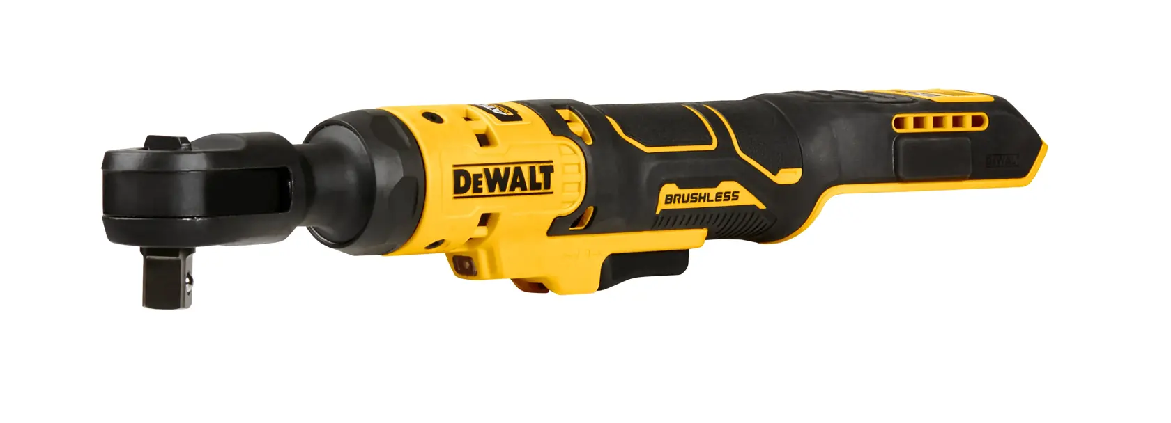 Una herramienta de carraca inalámbrica sin escobillas DeWalt con un diseño amarillo y negro, mostrada sobre un fondo blanco.