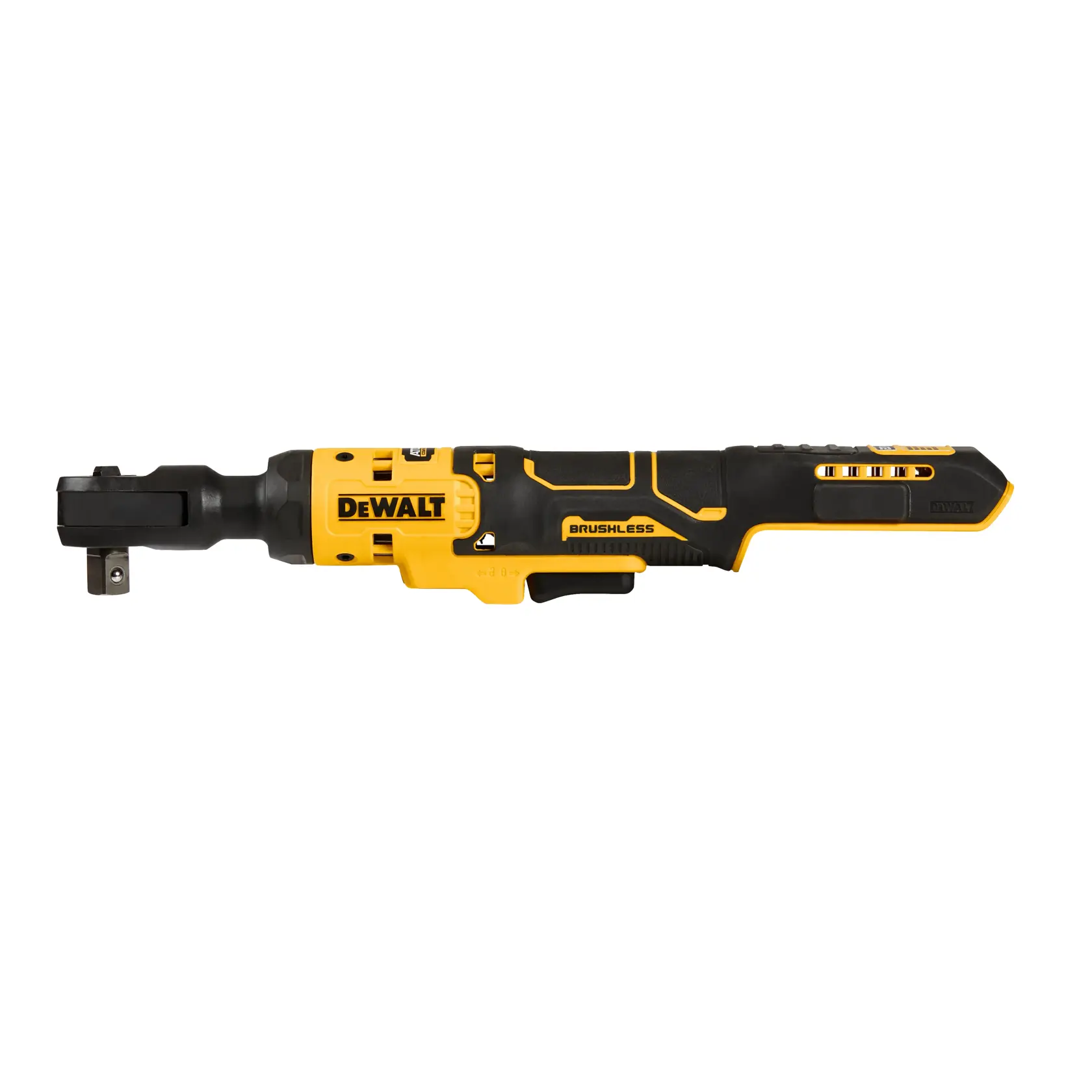 Una herramienta carraca inalámbrica sin escobillas DEWALT, predominantemente negra y amarilla, diseñada para aplicaciones de sujeción. La herramienta tiene un agarre ergonómico y botones de control visibles.