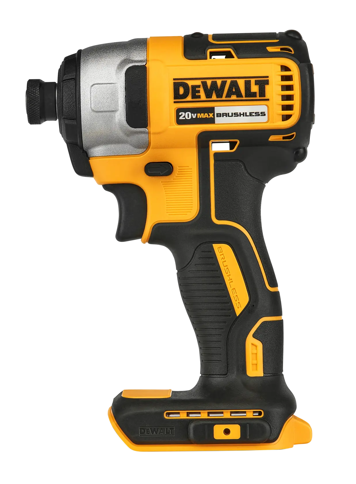 Parafusadeira de impacto DEWALT 20V Max sem fio, amarela e preta, vista lateral, sem bateria.