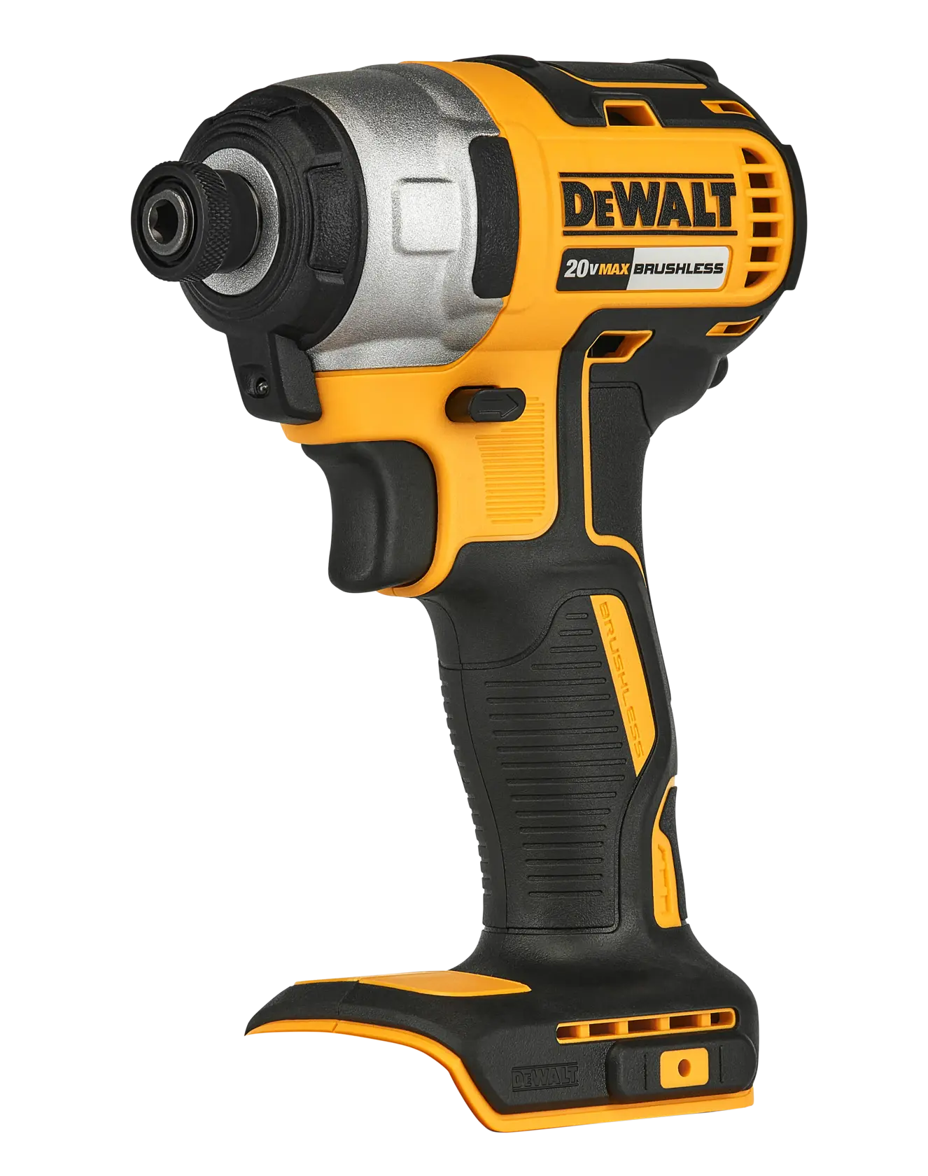 Atornillador de impacto inalámbrico DEWALT 20V MAX Brushless, de color amarillo y negro, mostrado sin la batería conectada.