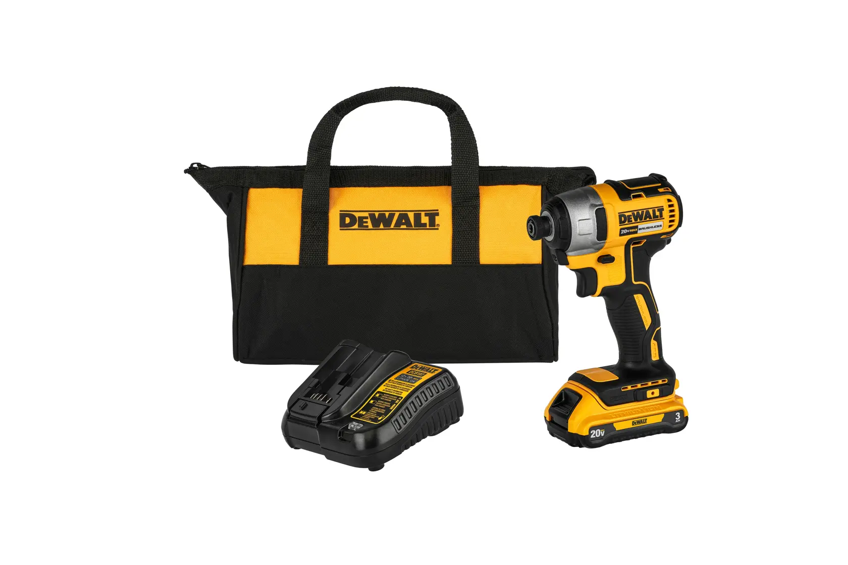 Kit de destornillador de impacto inalámbrico DEWALT, que incluye un destornillador de impacto amarillo y negro, un cargador de batería y una bolsa de transporte DEWALT a juego.