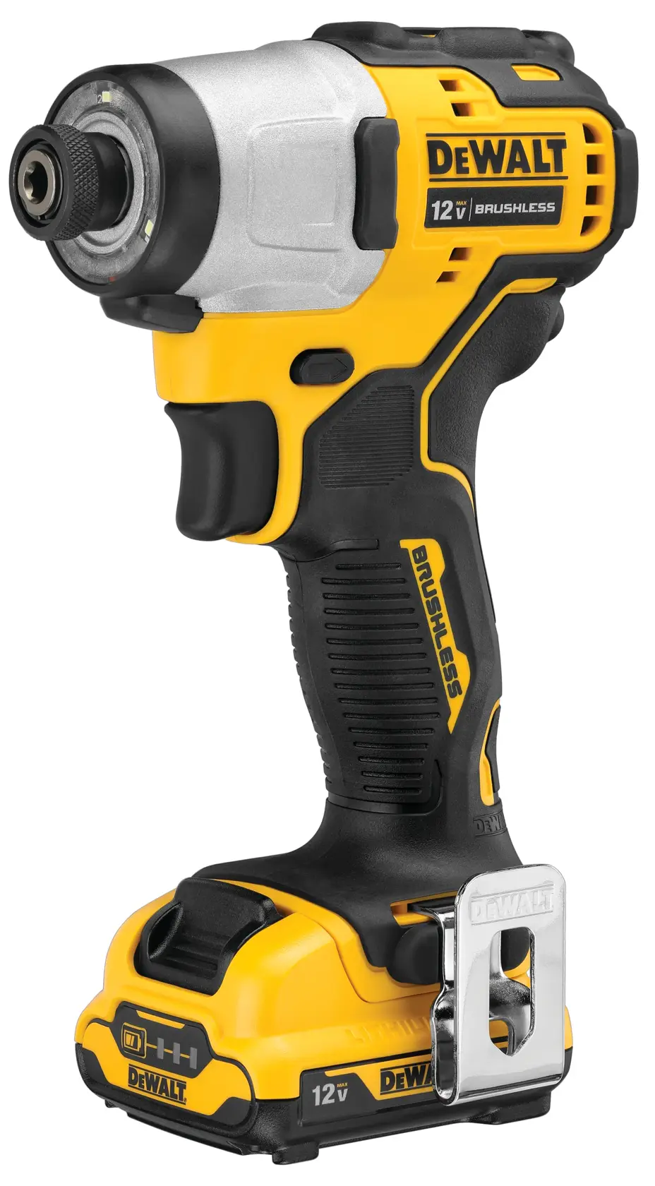 Un destornillador de impacto inalámbrico DEWALT de 12V sin escobillas, amarillo y negro, con batería incluida y clip para cinturón, fotografiado sobre fondo blanco.