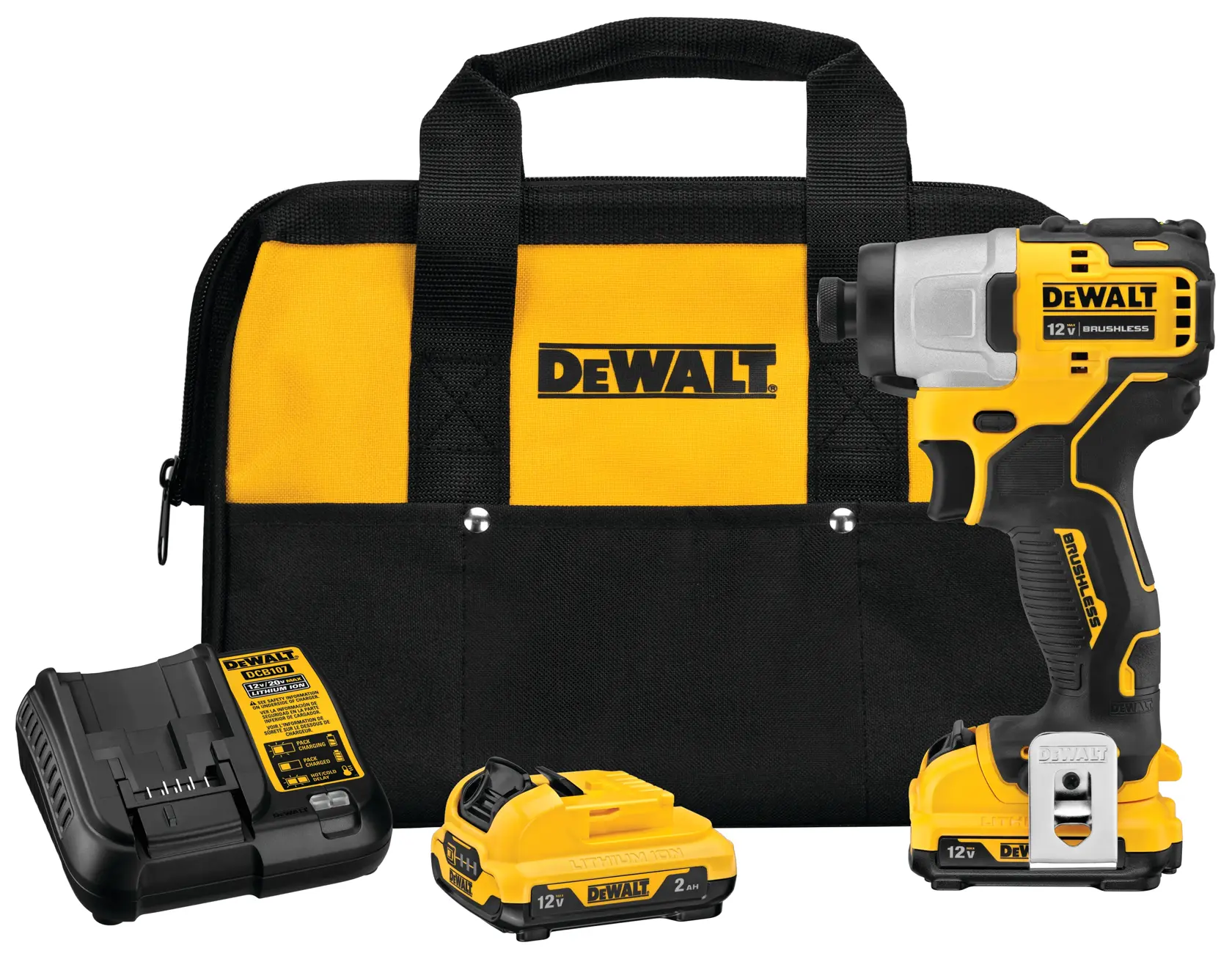Un kit de destornillador de impacto inalámbrico DEWALT 12V sin escobillas, mostrado con una bolsa de transporte negra y amarilla, cargador de batería y dos baterías de 12V.