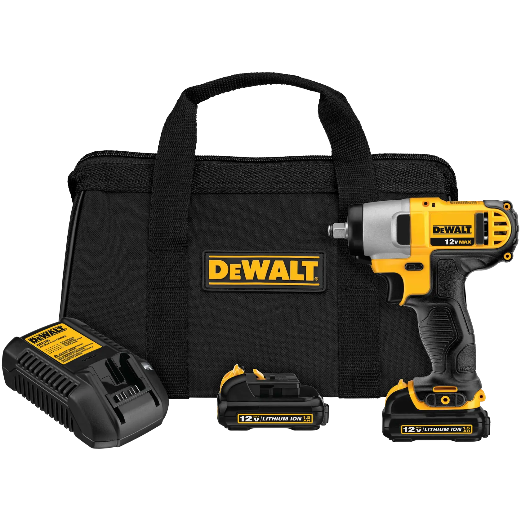 Juego de destornillador de impacto inalámbrico DEWALT 12V Max, que incluye una herramienta eléctrica amarilla y negra, dos baterías, un cargador y un estuche negro con el logo DEWALT.