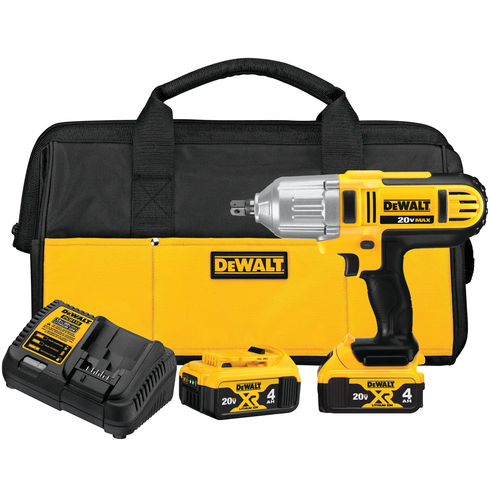 Se muestra un kit de llave de impacto inalámbrica DEWALT 20V Max. El kit incluye una llave de impacto amarilla y negra, dos baterías de litio-ion 20V Max XR, un cargador de baterías y una bolsa de transporte negra y amarilla con el logotipo DEWALT.