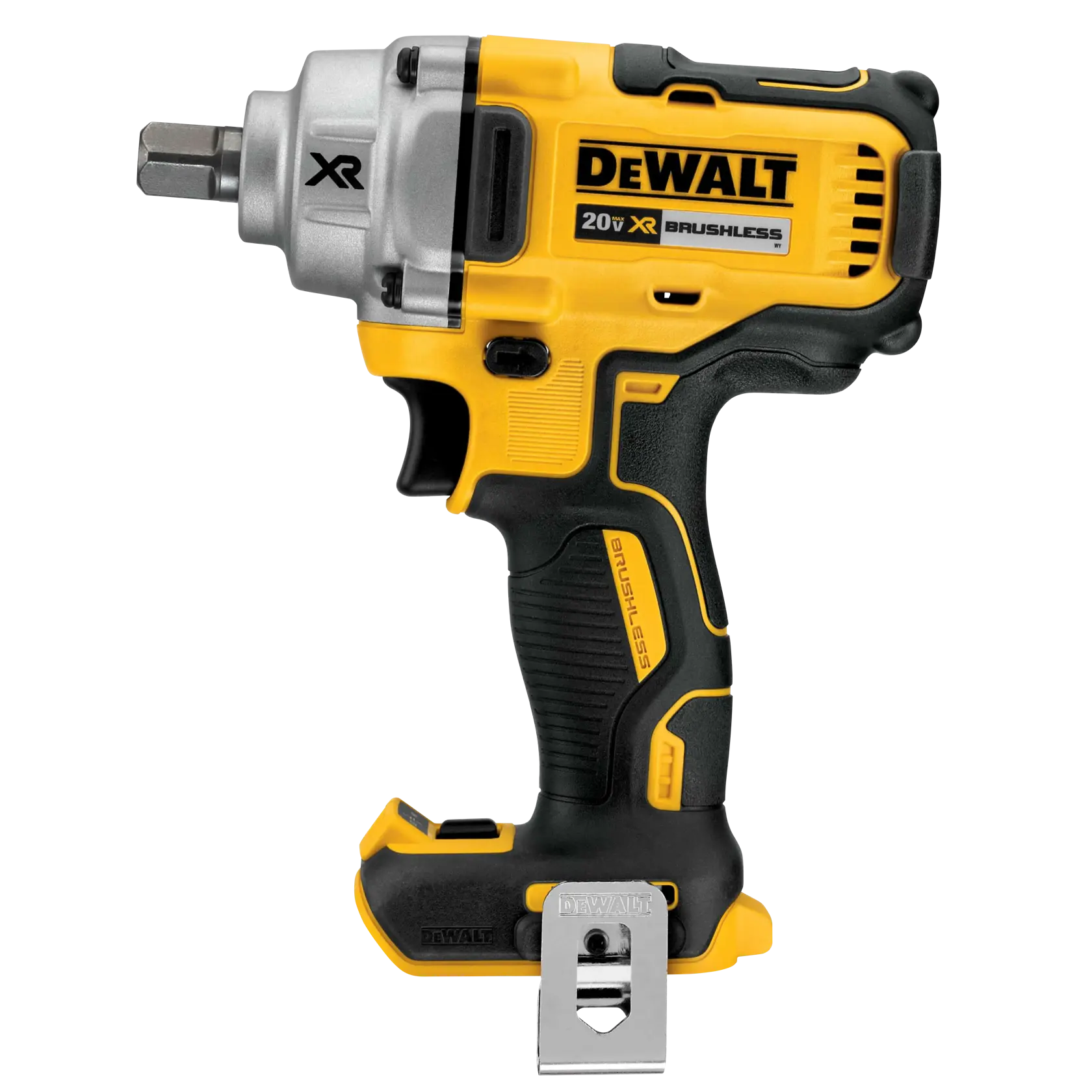 Llave de impacto inalámbrica DEWALT 20V XR Brushless, en colores amarillo y negro, con un agarre resistente y clip metálico para cinturón, fotografiada sobre fondo blanco.