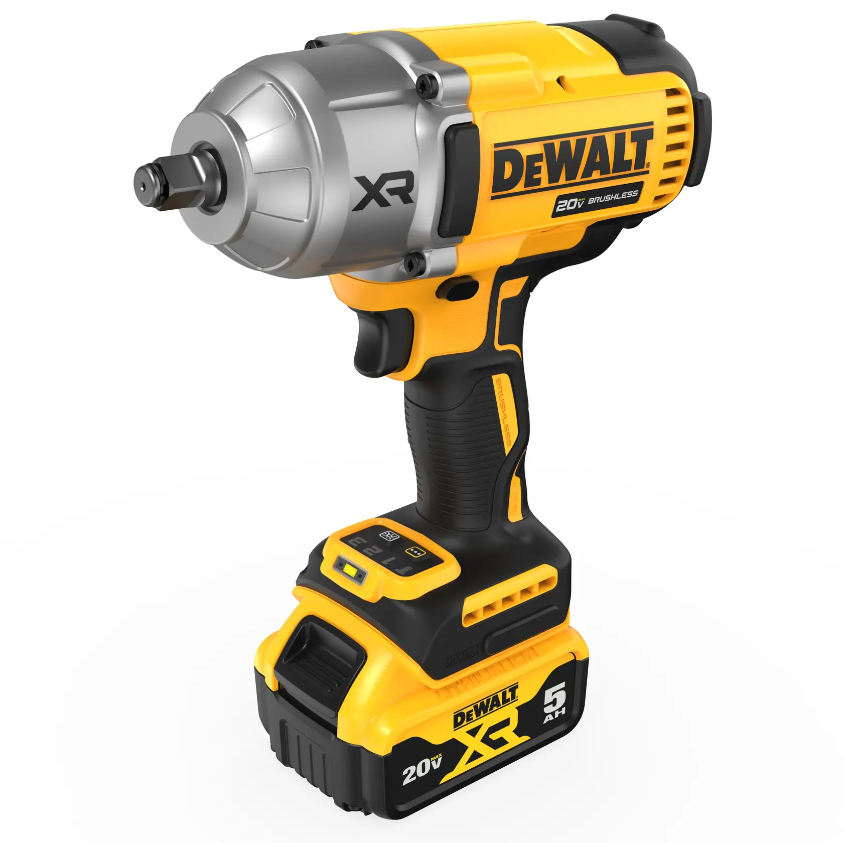 Una llave de impacto inalámbrica DEWALT 20V XR con diseño amarillo y negro, mostrada con una batería de litio de 5 Ah conectada. El logotipo y los detalles del modelo son visibles en la herramienta.