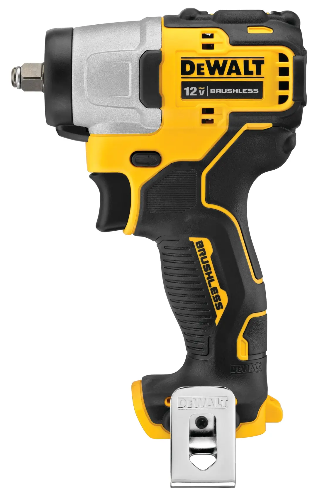 Una llave de impacto inalámbrica DEWALT DCF902B de 12V sin escobillas con diseño ergonómico en amarillo y negro, mostrada de pie con un clip de cinturón de metal adjunto en la base.