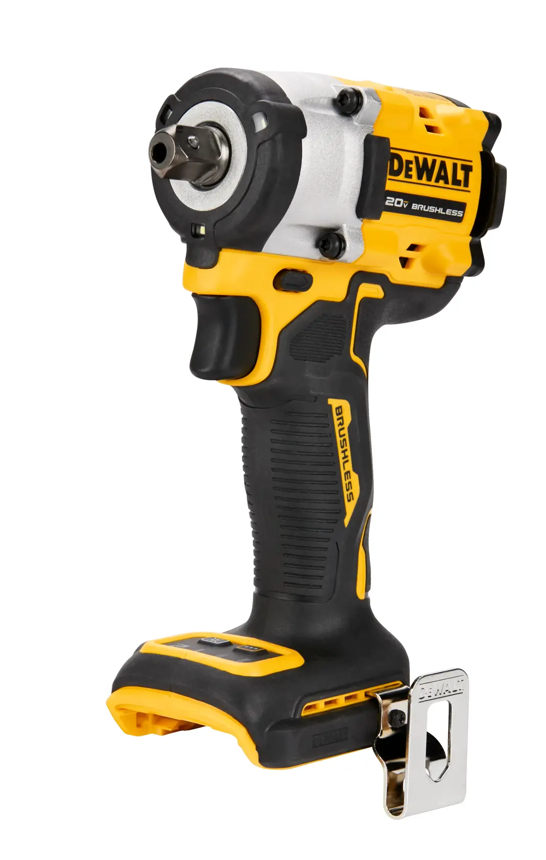 Chave de impacto sem fio DEWALT 20V brushless, modelo DCF922B, com cabo ergonômico preto e amarelo e presilha de metal para cinto. A bateria não está conectada.