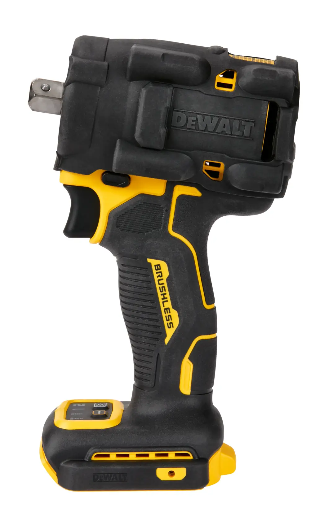 Uma chave de impacto sem fio DEWALT, modelo DCF922B, com design preto e amarelo e tecnologia brushless, mostrada de lado sobre um fundo branco.