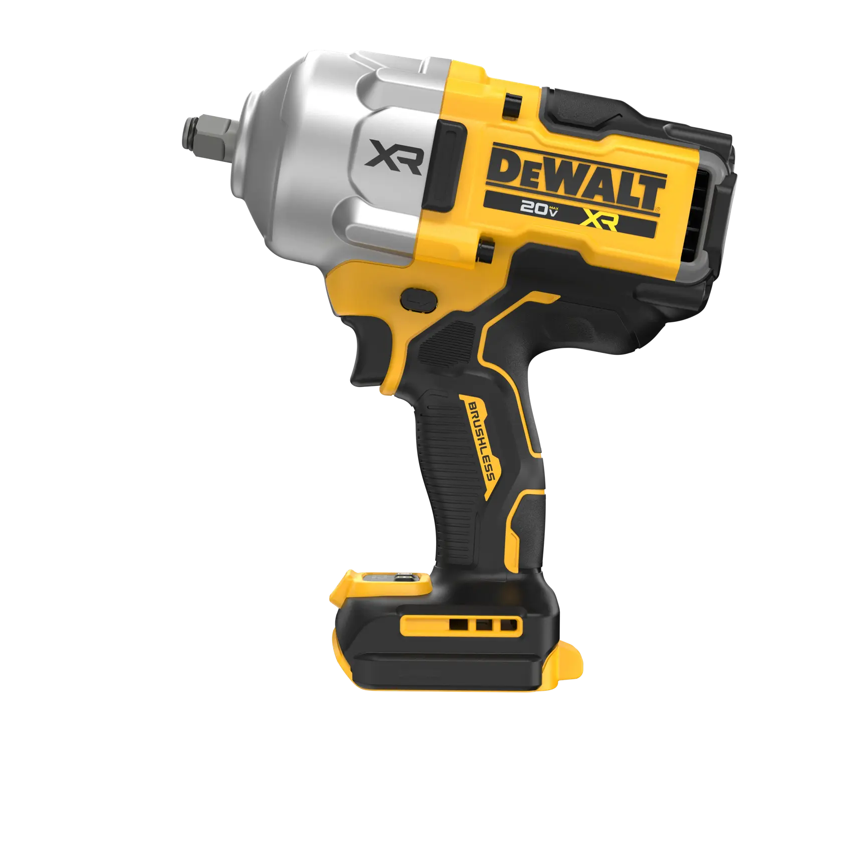 Uma chave de impacto sem fio DEWALT 20V XR com motor sem escovas, exibida em amarelo e preto.