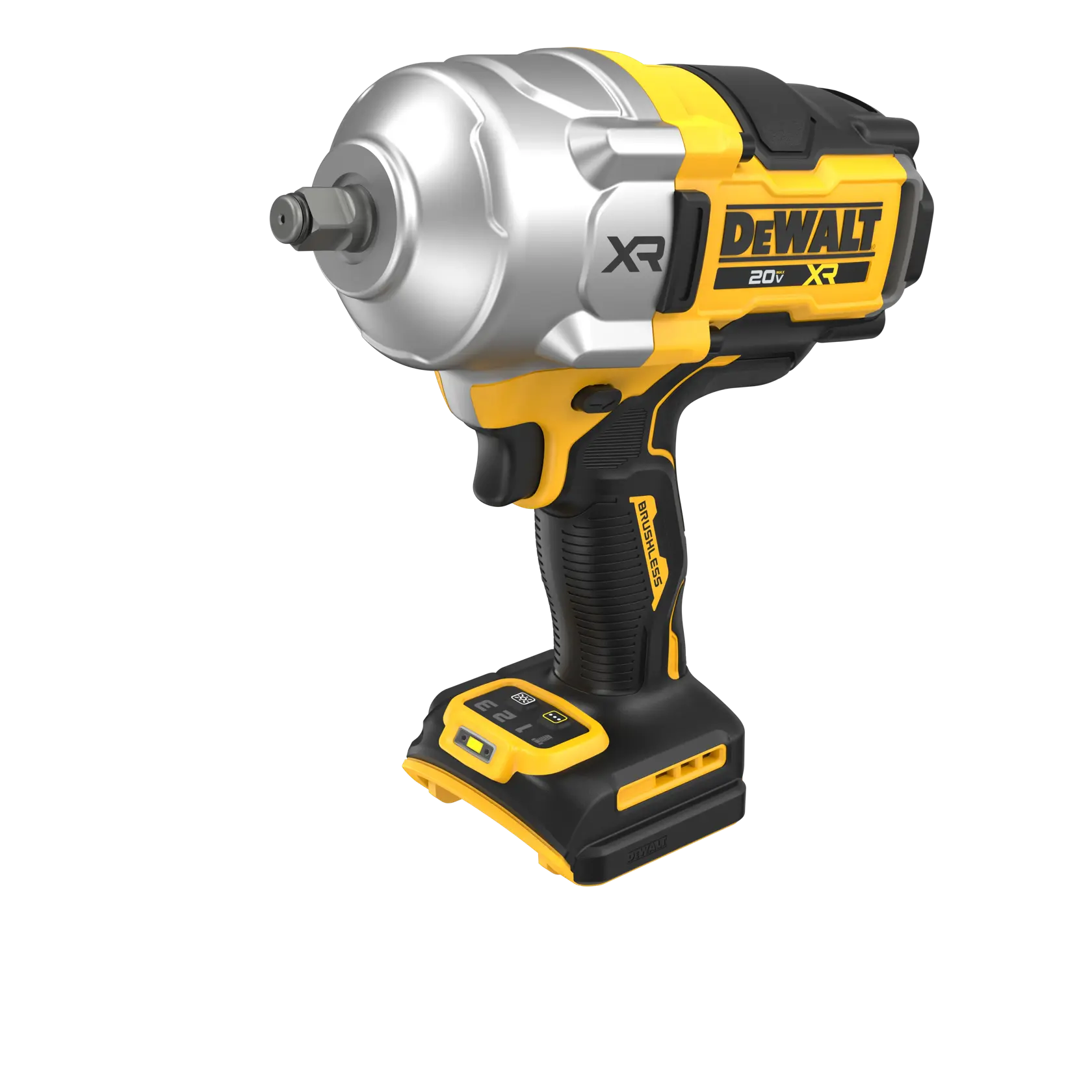 Uma chave de impacto sem fio DEWALT 20V XR com design preto e amarelo, cabeçote metálico robusto e pegada ergonômica. A ferramenta está em pé sem bateria acoplada.