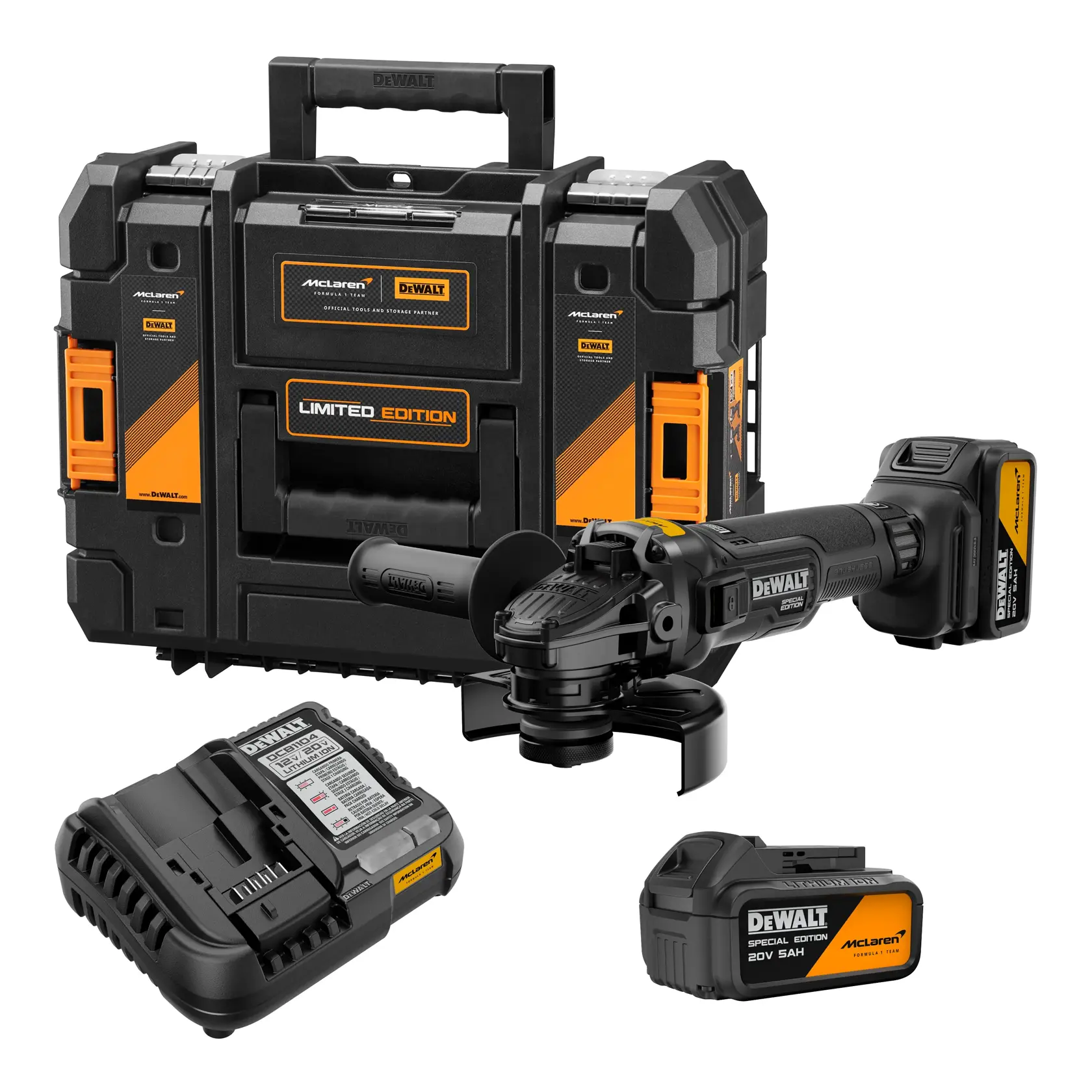 Un set de amoladora angular inalámbrica edición limitada DEWALT McLaren, que incluye un estuche de transporte negro y