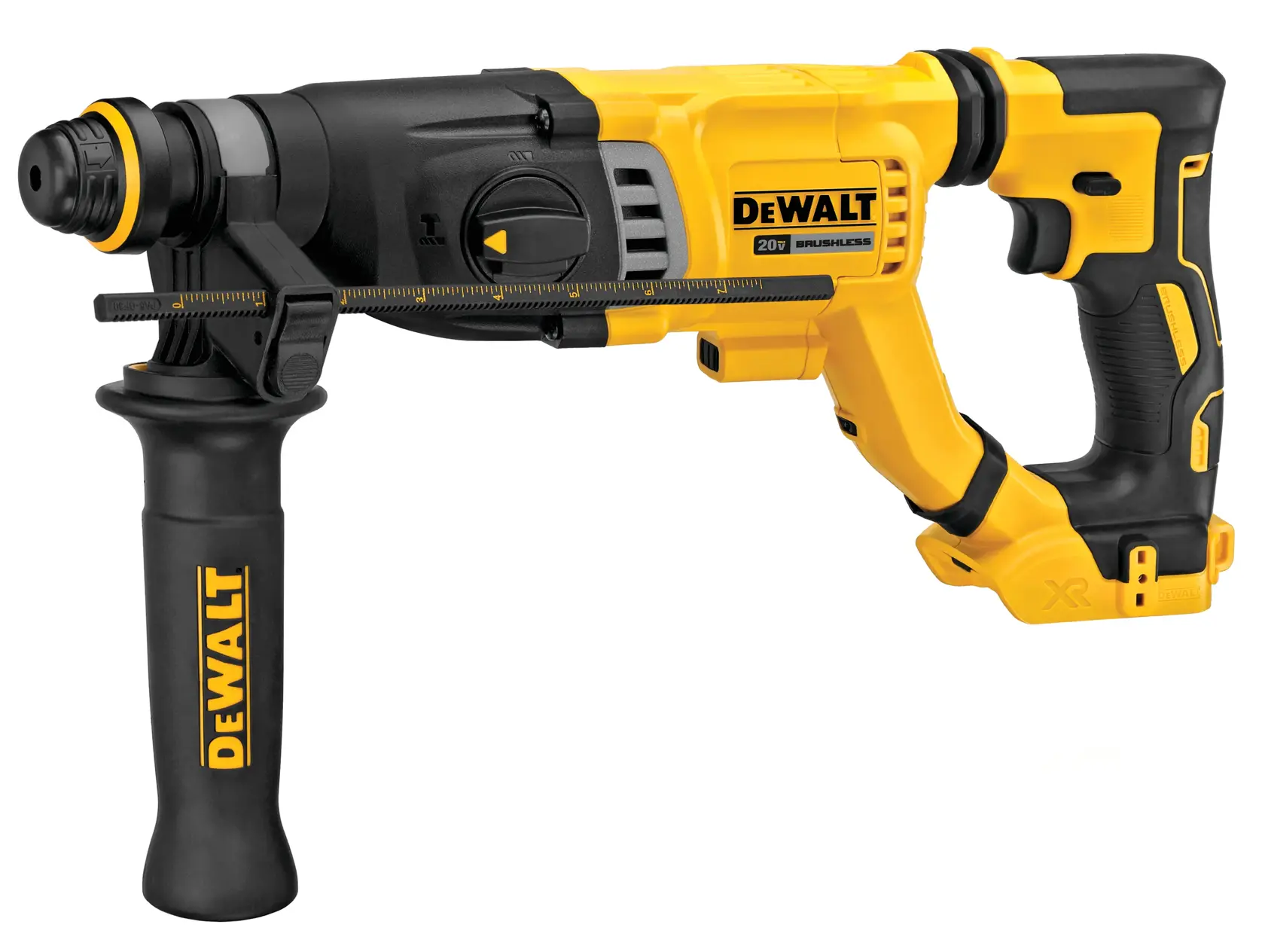 Taladro de percusión inalámbrico DEWALT amarillo y negro con mango lateral y agarre ergonómico, diseñado para trabajos de construcción de alta exigencia. La herramienta cuenta con un motor sin escobillas de 20V.