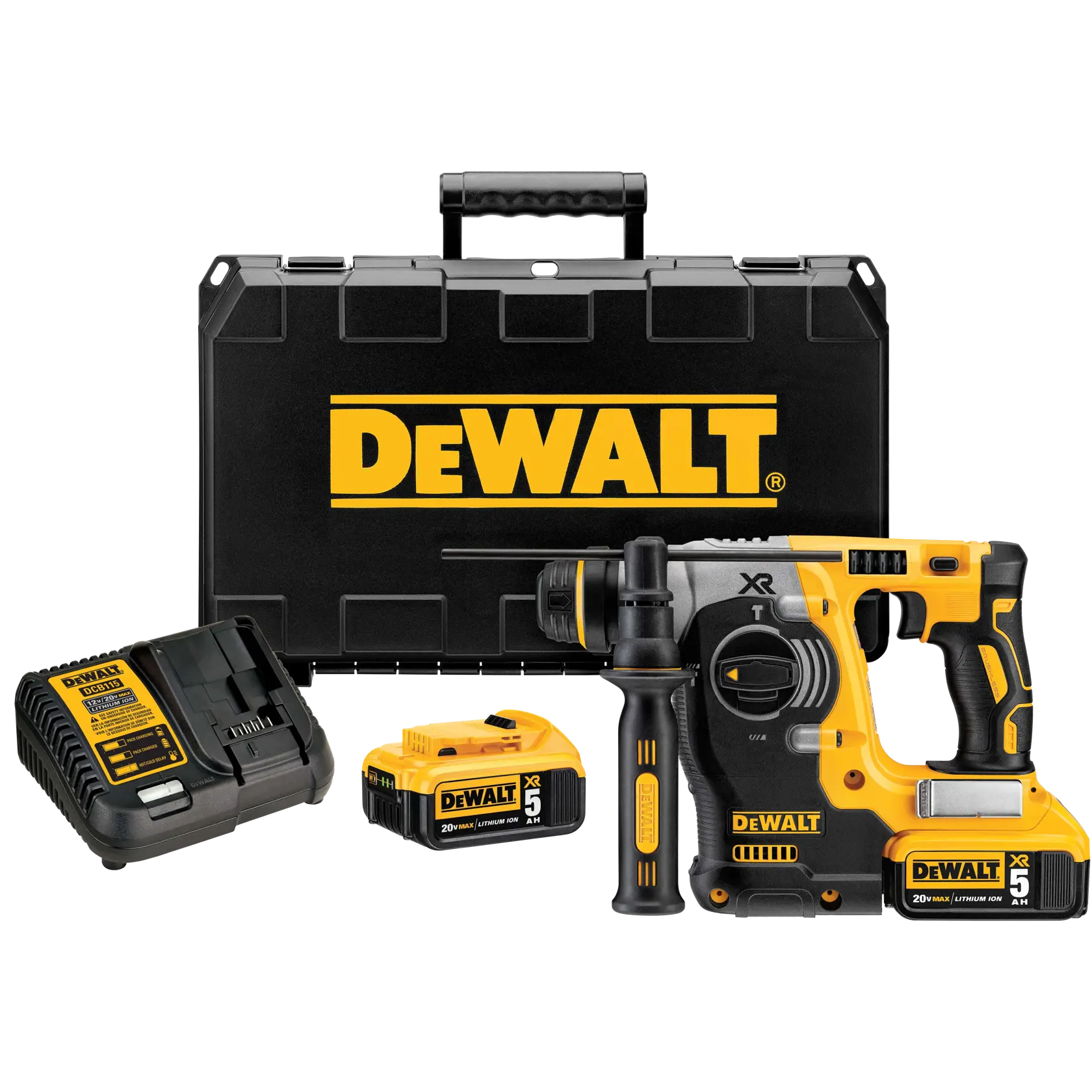 Juego de martillo rotatorio inalámbrico DEWALT con herramienta eléctrica amarilla y negra, cargador, dos baterías y un maletín rígido, todo mostrado junto.