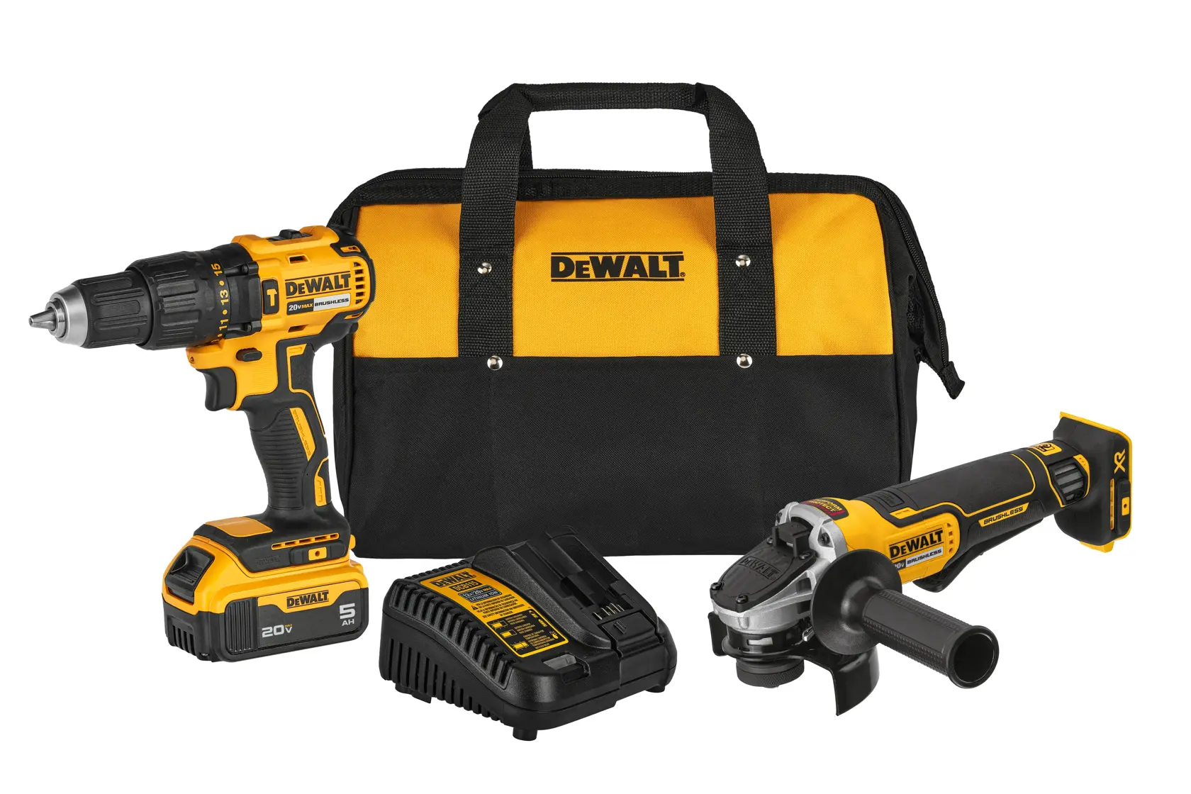 Kit combinado de herramientas eléctricas DEWALT que incluye un taladro inalámbrico, una amoladora angular, un cargador de batería y una bolsa de transporte negra y amarilla.
