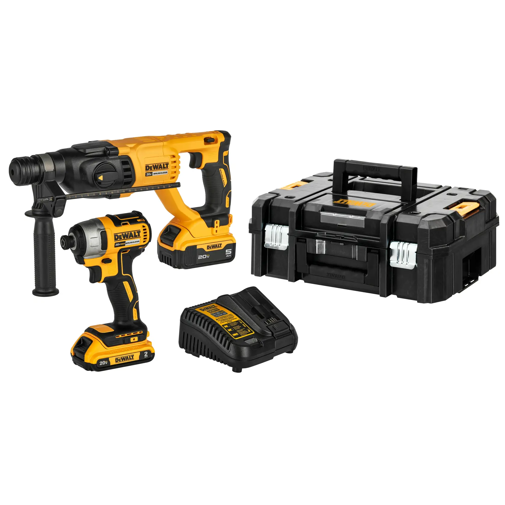Un set de herramientas DEWALT compuesto por un taladro rotativo inalámbrico amarillo y negro, un destornillador de impacto, un cargador de batería y un resistente estuche de transporte negro, todos colocados sobre un fondo blanco.