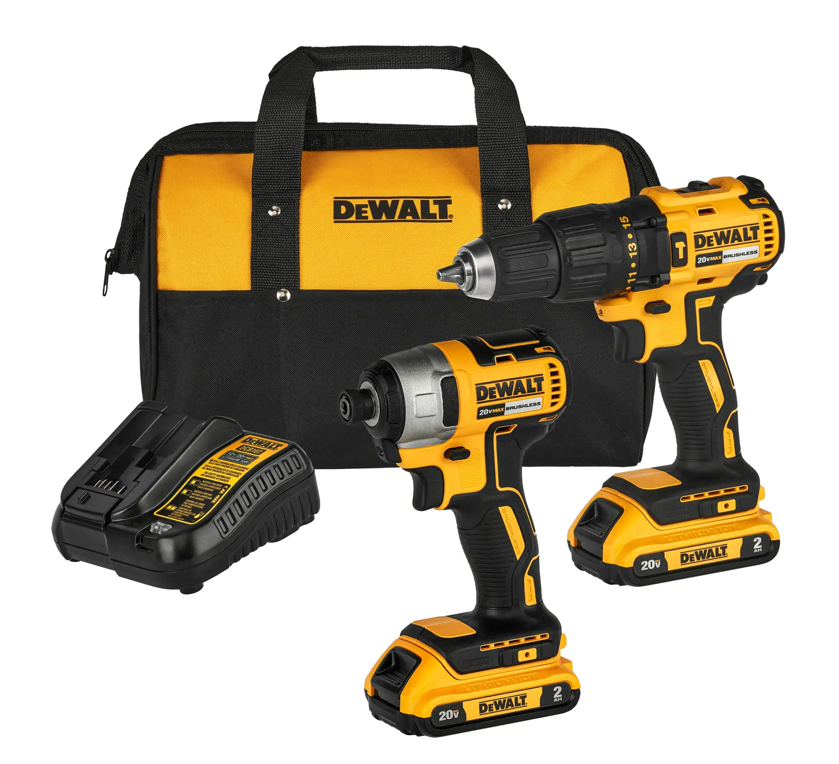 Kit de herramientas DEWALT que incluye una bolsa de transporte negra y amarilla, un taladro inalámbrico, una llave de impacto inalámbrica y un cargador de batería. Las herramientas y accesorios están colocados frente a la bolsa con el logo.