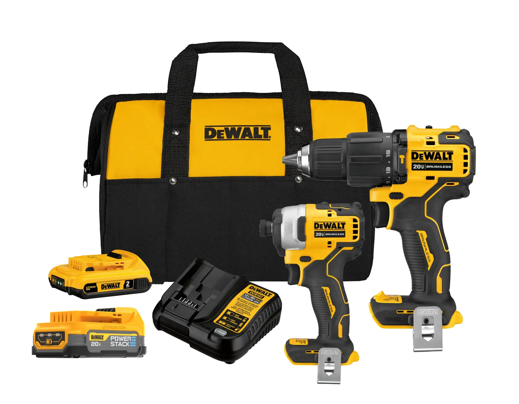 Kit DEWALT con bolsa, taladro, destornillador, cargador y dos baterías de 20V.