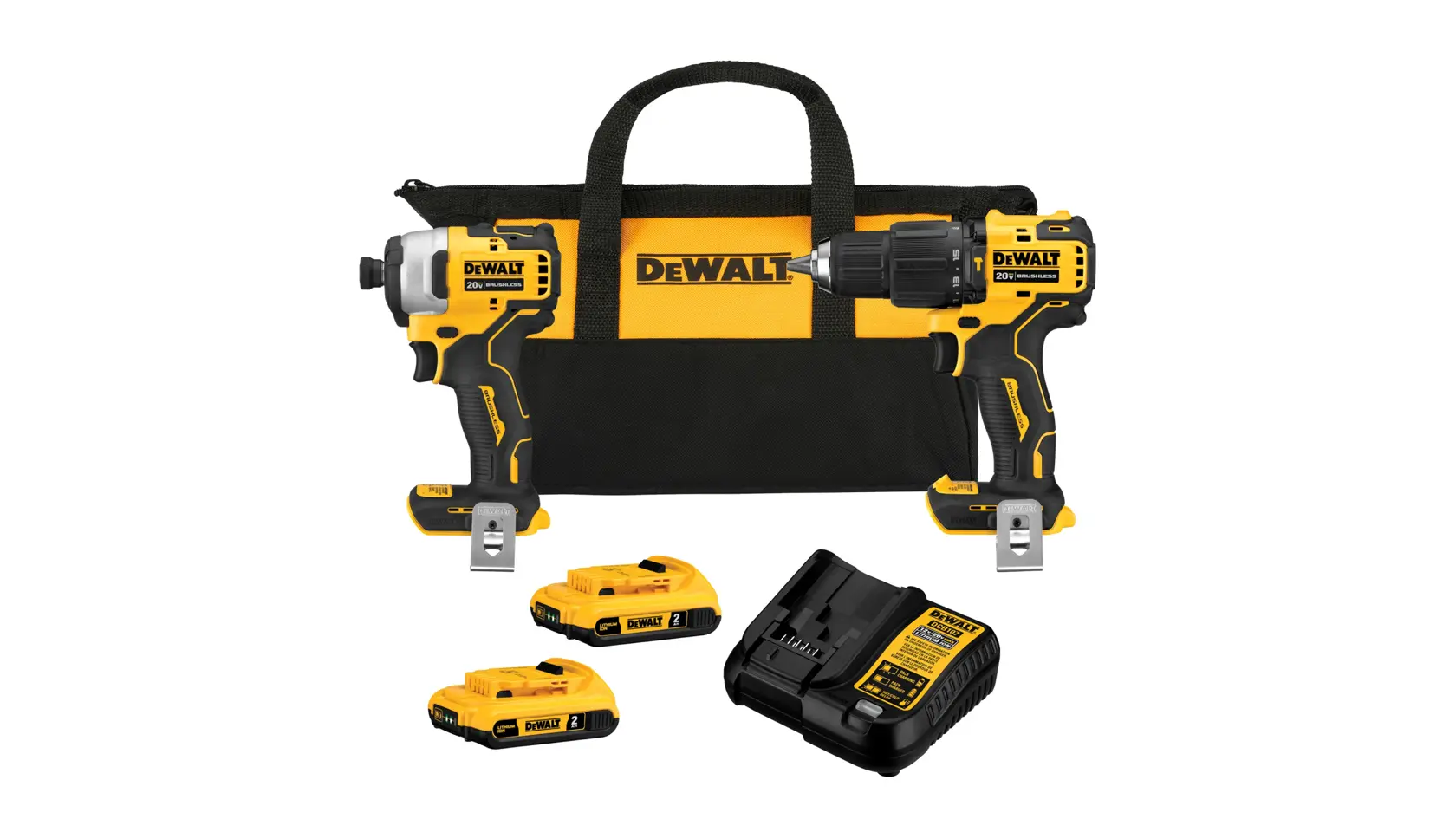 Un kit de herramientas inalámbricas DEWALT que incluye una bolsa de transporte negra y amarilla, un taladro inalámbrico, un destornillador de impacto inalámbrico, dos baterías recargables y un cargador de baterías.