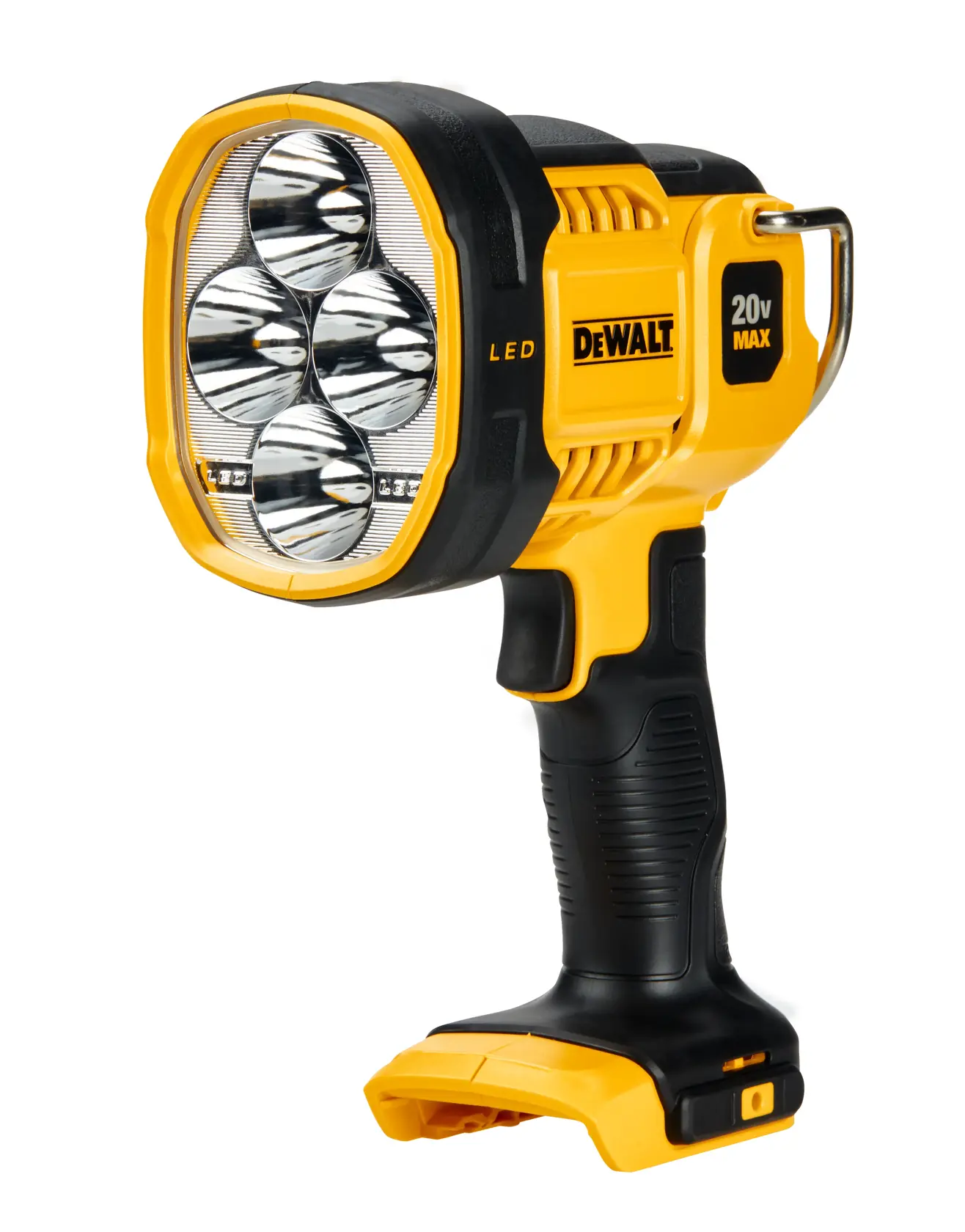 Un foco de trabajo portátil LED DEWALT 20V MAX con cuatro bombillas LED y un mango ergonómico negro y amarillo, colocado sobre un fondo blanco.