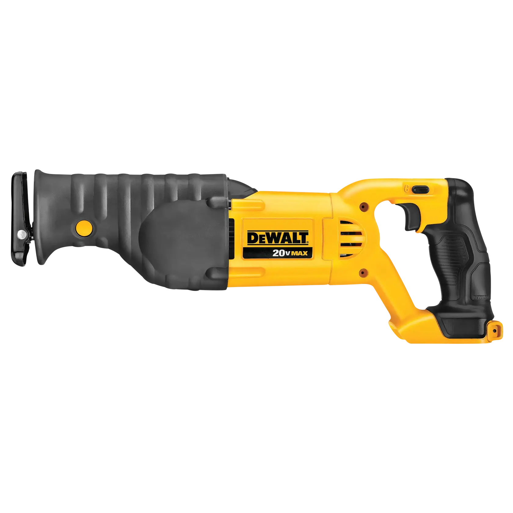 Uma serra recíproca sem fio DEWALT 20V MAX com corpo amarelo e preto, fotografada em um fundo branco.