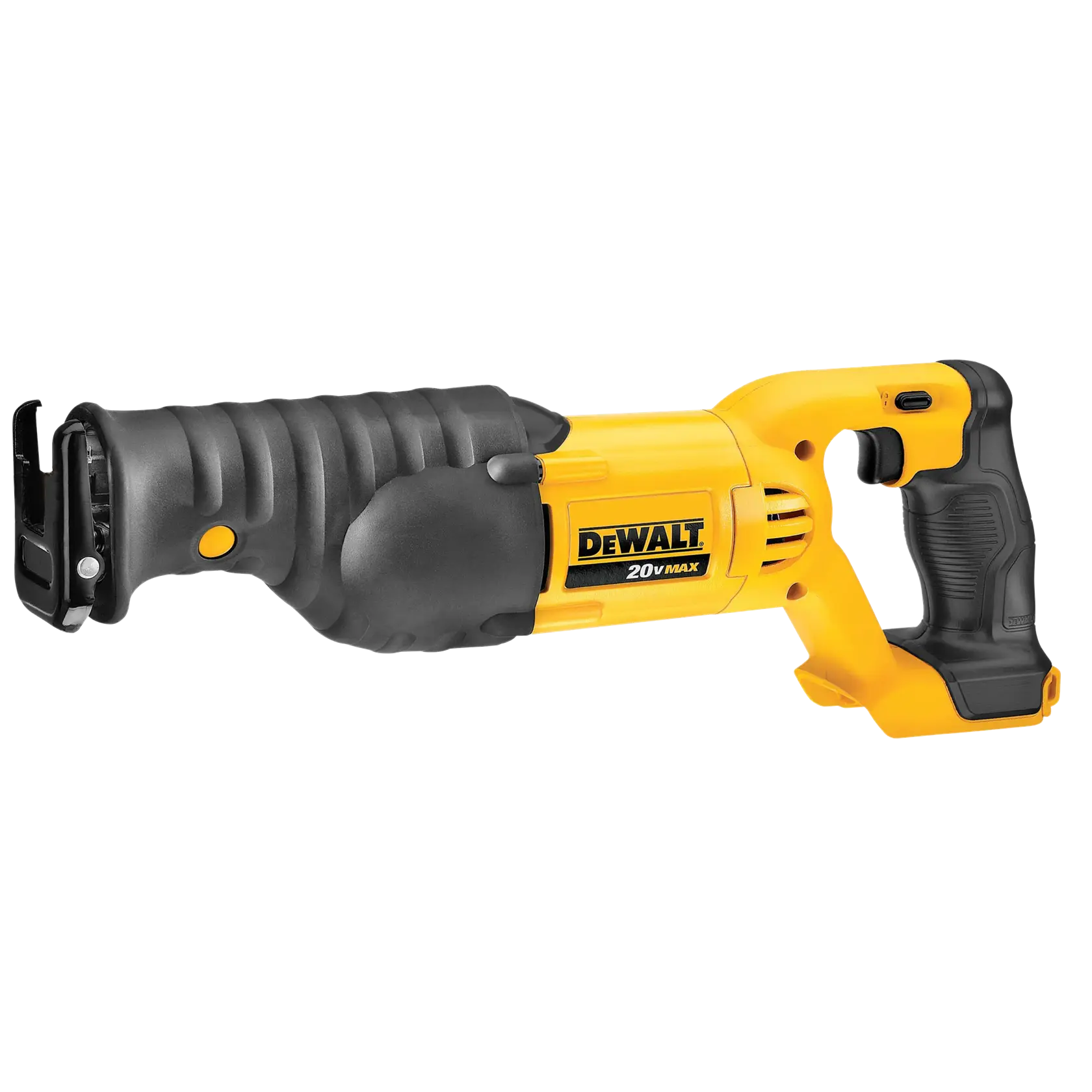 Uma serra sabre sem fio DEWALT 20V Max, de design amarelo e preto, com cabo ergonômico e pegada robusta.