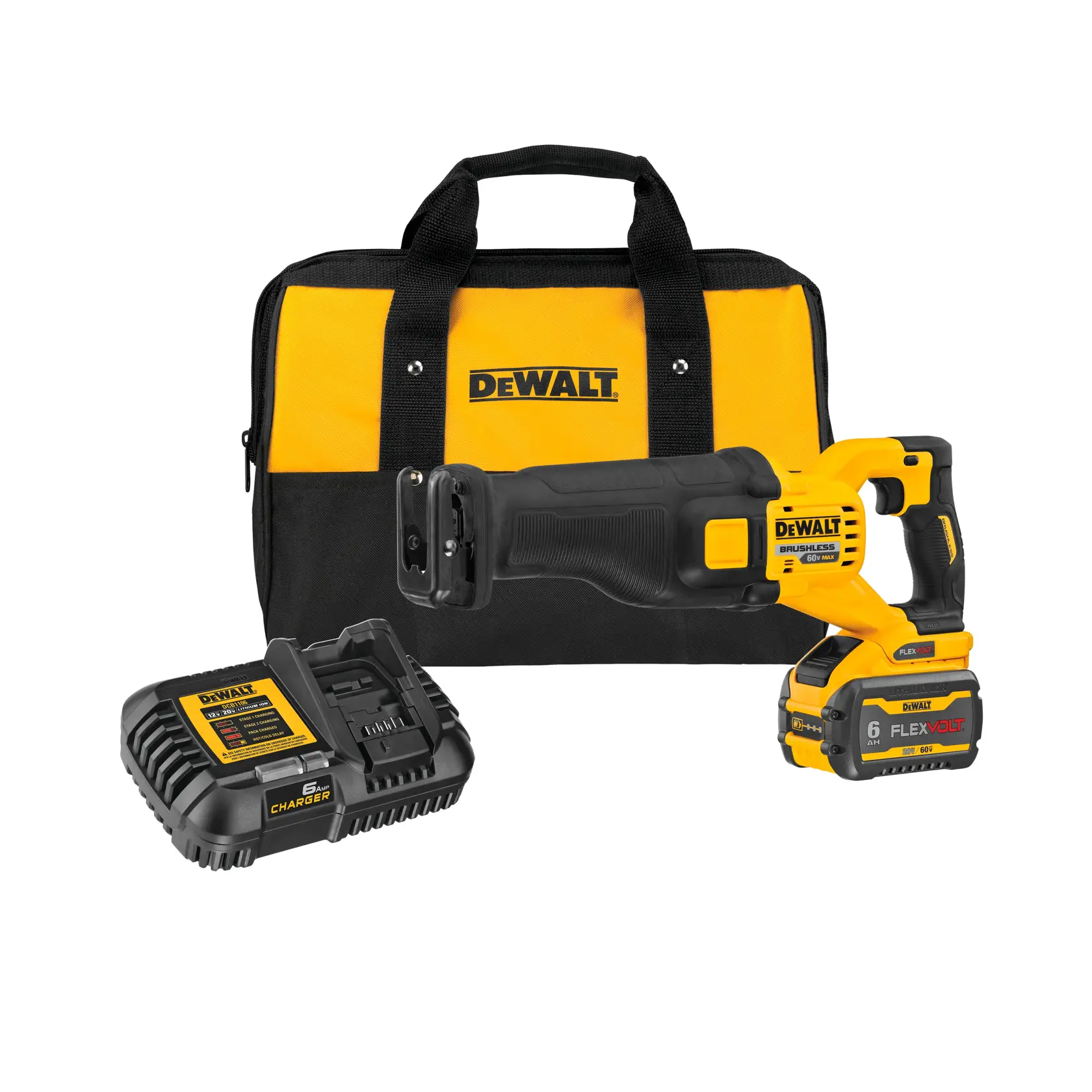 Un kit de sierra recíproca inalámbrica DEWALT, que incluye una bolsa de herramientas amarilla y negra, una sierra recíproca sin escobillas con batería incorporada y un cargador de batería.