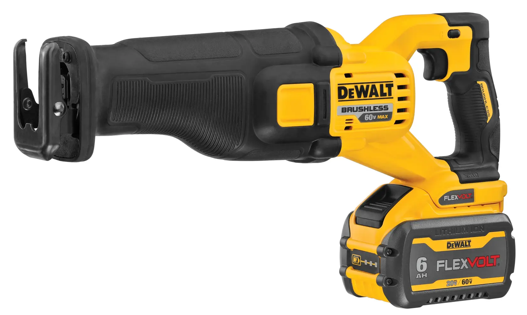 Una sierra recíproca inalámbrica DEWALT con diseño amarillo y negro, equipada con una batería de ion de litio FLEXVOLT, adecuada para tareas de corte intensas.