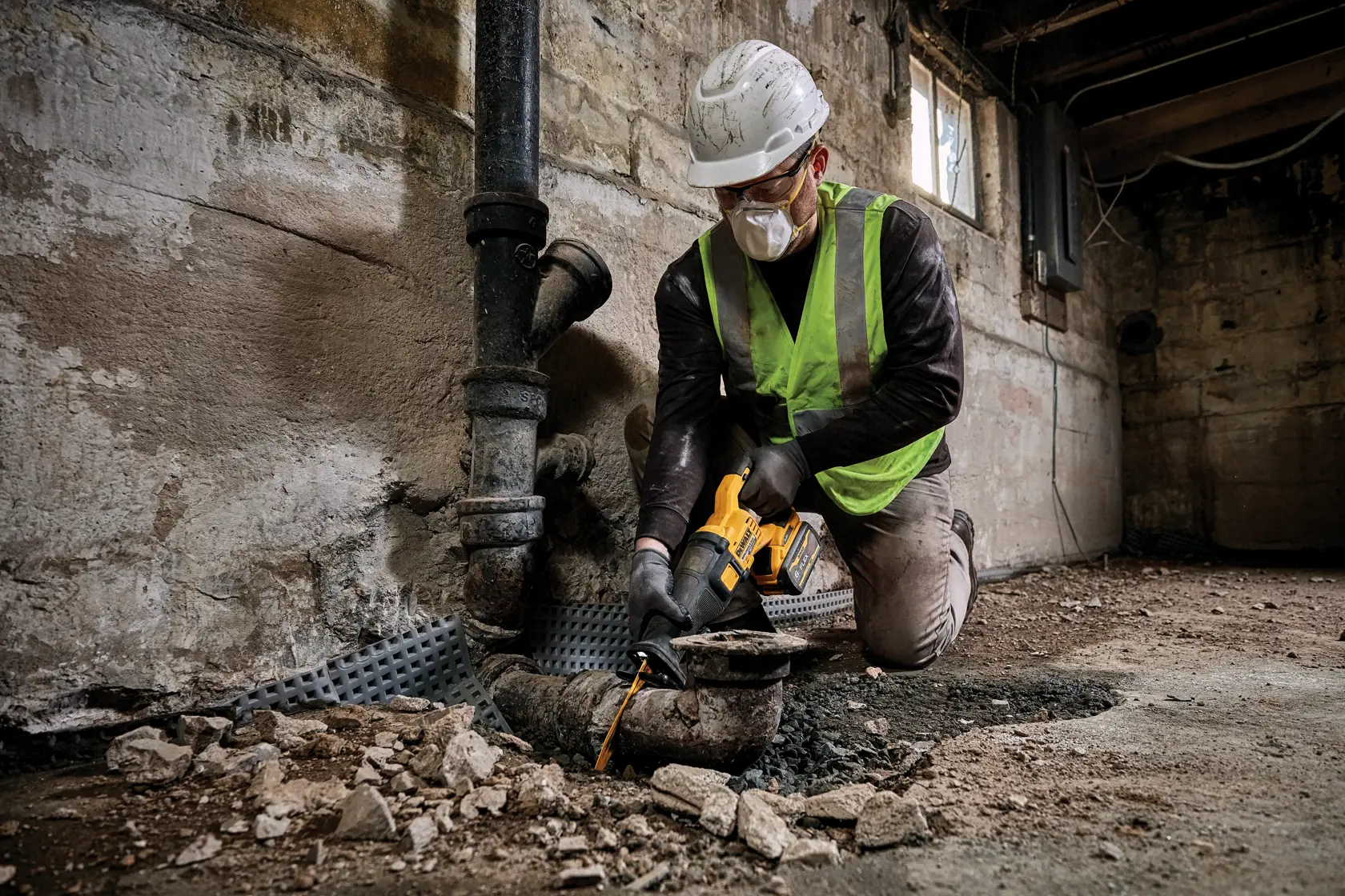Una persona con casco blanco, chaleco de seguridad y guantes está arrodillada en un sitio de construcción interior, usando una sierra recíproca amarilla DEWALT para cortar una vieja tubería de metal junto a una pared. Escombros y concreto roto están dispersos por el suelo.