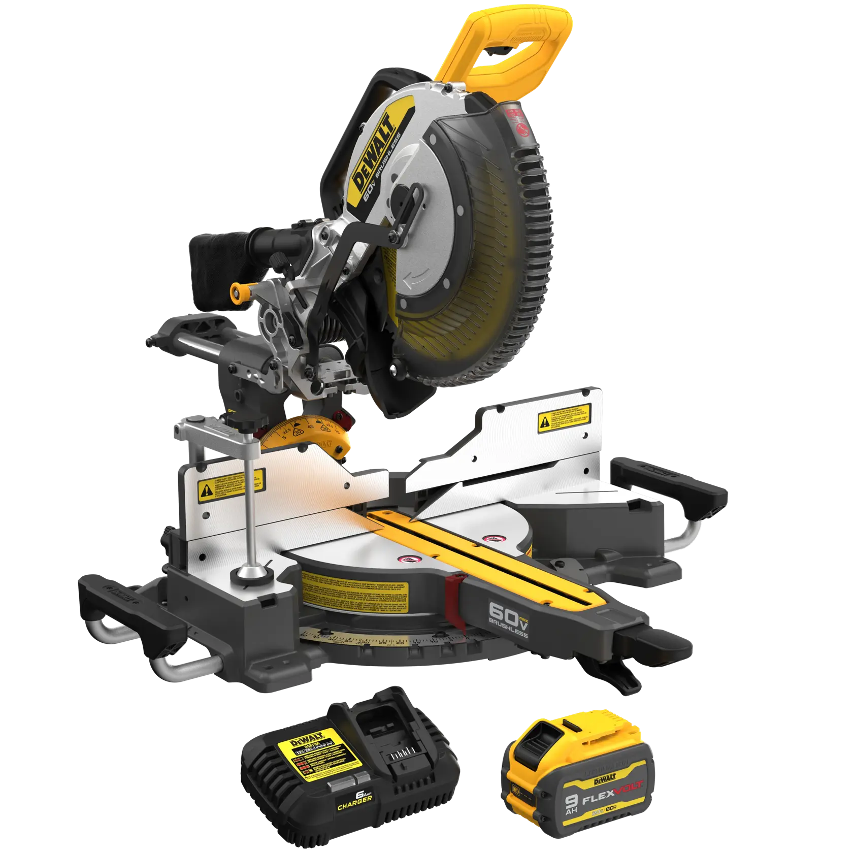 Sierra de inglete inalámbrica DEWALT con detalles amarillos, mostrada con un paquete de batería y un cargador. La sierra tiene una base ajustable para realizar cortes en ángulo y está diseñada para proyectos de carpintería o construcción.