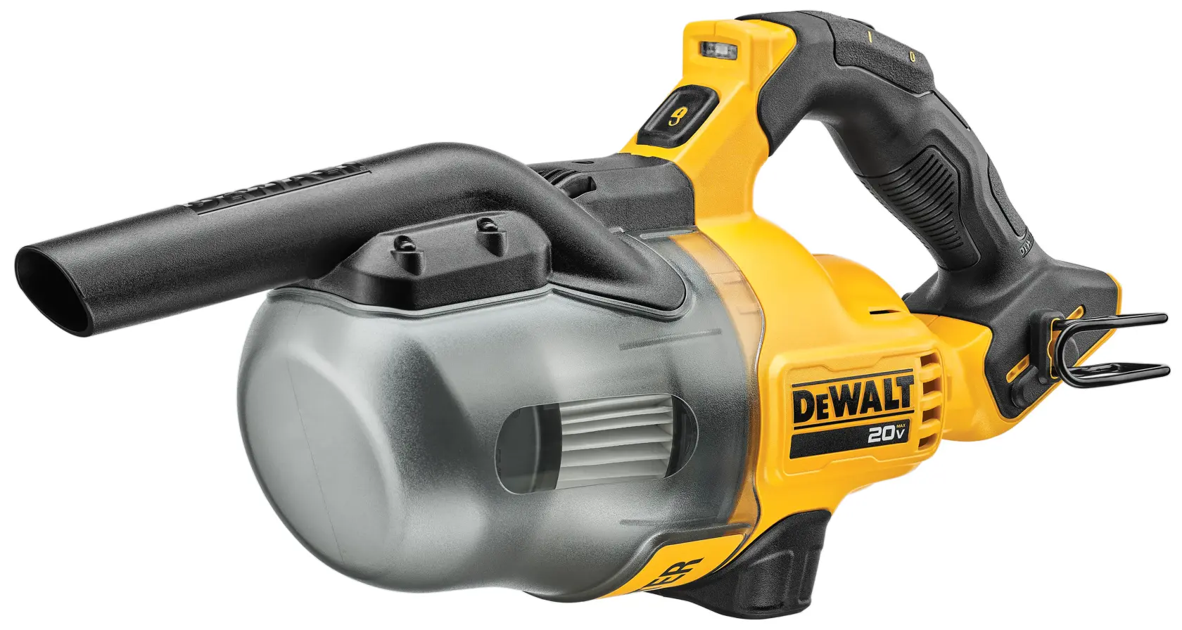 Una aspiradora portátil DEWALT 20V de color amarillo y negro con recipiente de polvo transparente y empuñadura ergonómica.