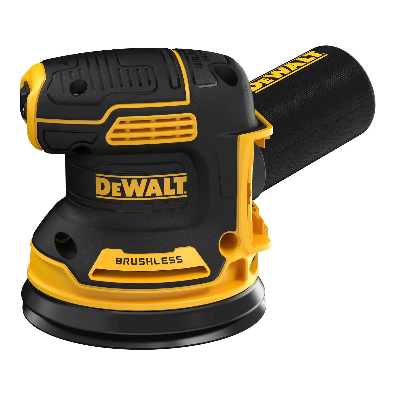 Una lijadora orbital aleatoria inalámbrica Dewalt sin escobillas en color negro y amarillo con una bolsa de polvo adjunta.
