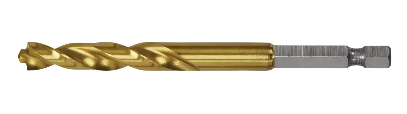A close-up image of a gold-colored hex shank drill bit, designed for use with power tools.