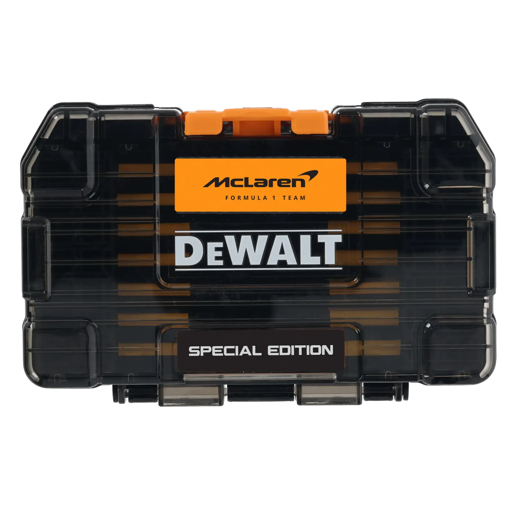 Caja de herramientas negra DEWALT McLaren edición especial con detalles naranjas y etiquetas claras.