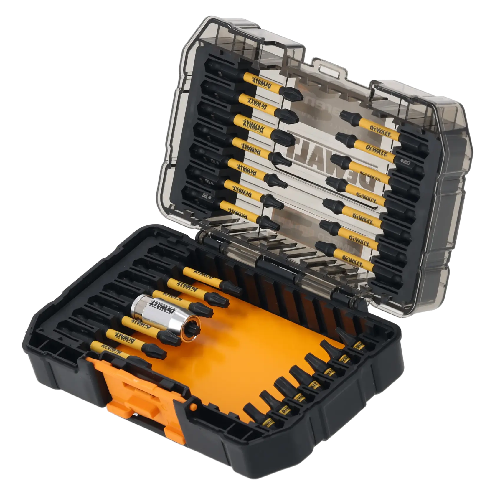 Juego de puntas DEWALT en estuche plástico negro y amarillo abierto, mostrando puntas organizadas.